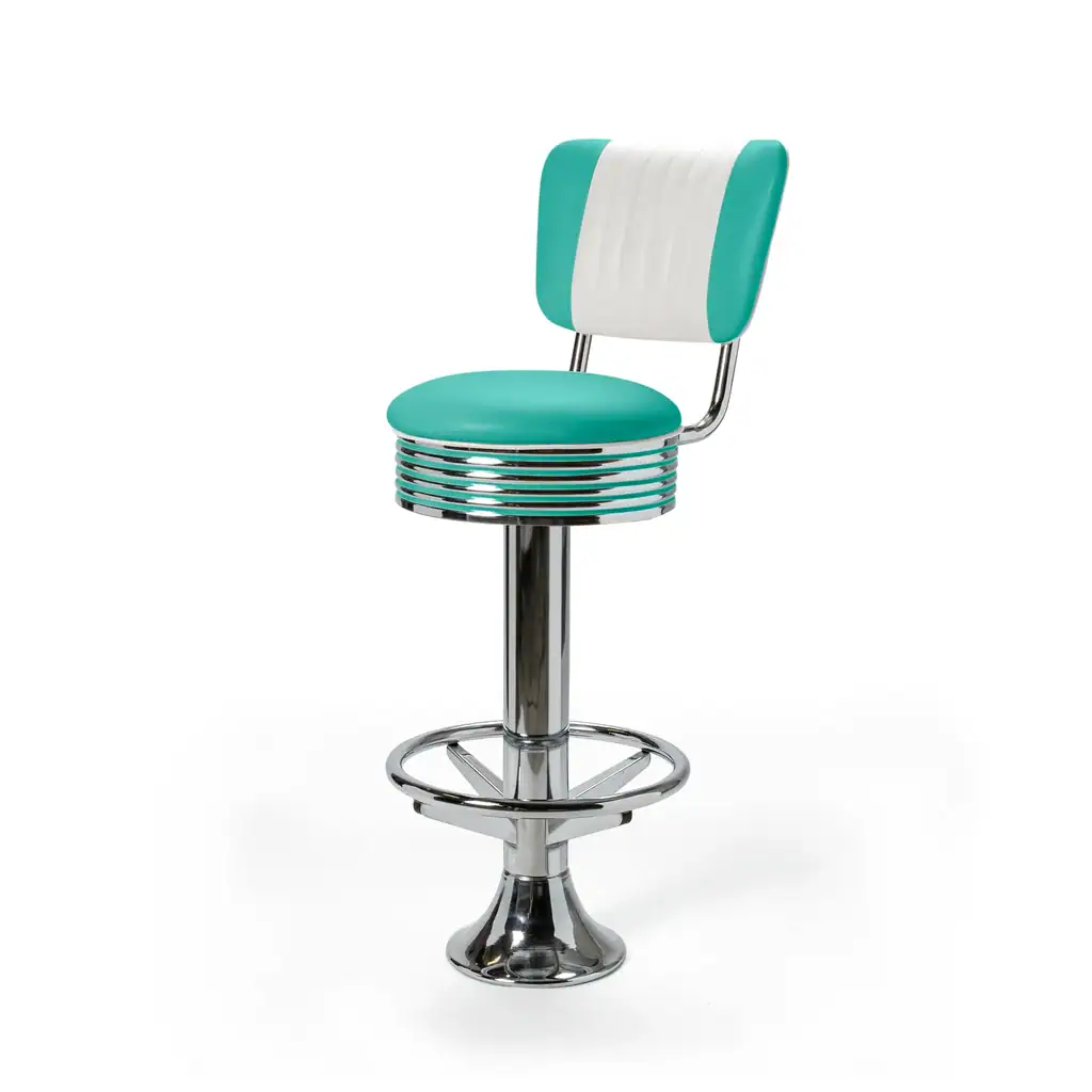 tabouret de diner américain bi colore 50's avec cadre chromé (8 coloris disponibles) fixe au sol et repose pieds