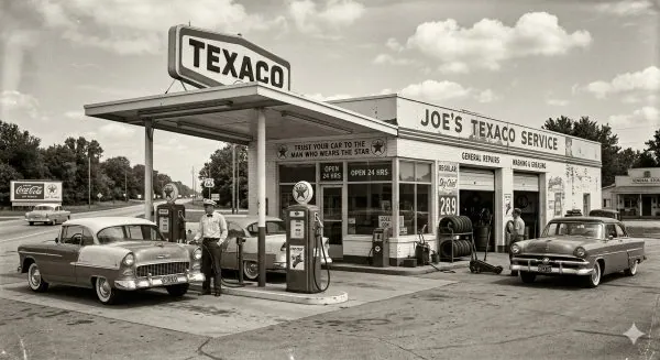 image d'archive d'une station service américaine des années 50