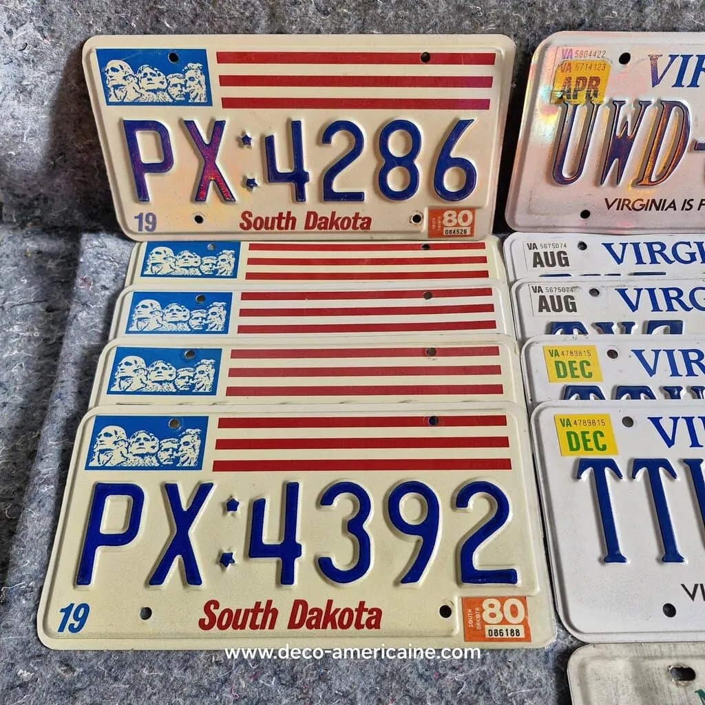 lot de 20 plaques d'immatriculation américaines authentiques south dakota, virginia, ohio, florida