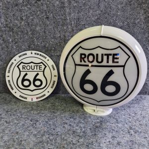 lot globe de pompe à essence et plaque émaillée 30cm route 66