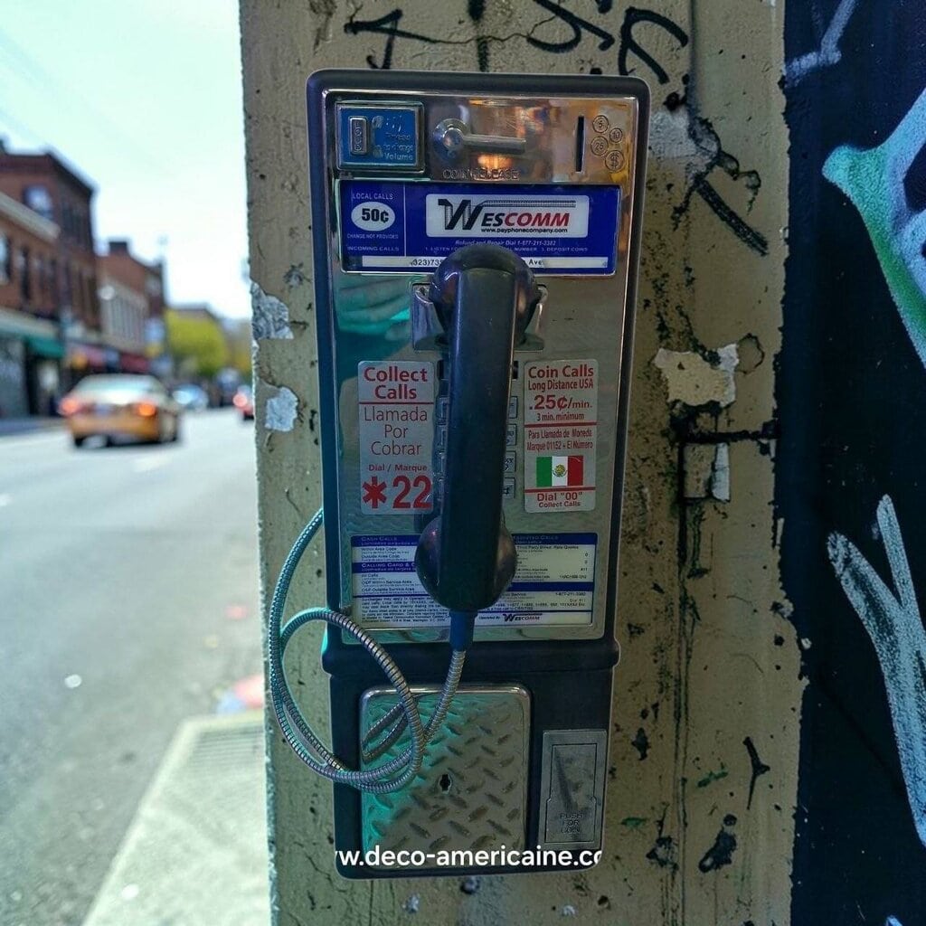 téléphone payphone américain de rue avec monnayeur et stickers wescomm