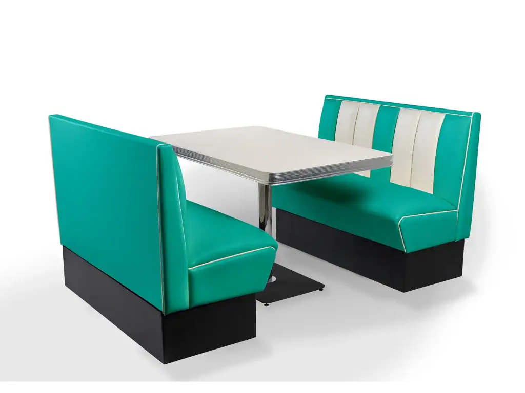 coin repas avec 2 banquettes de diner américain bi colore vintage et 1 table de 120cm noir