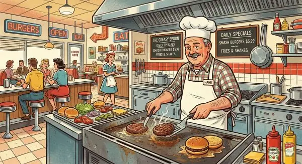 chef cuisinier restaurant americain vintage preparant un burger