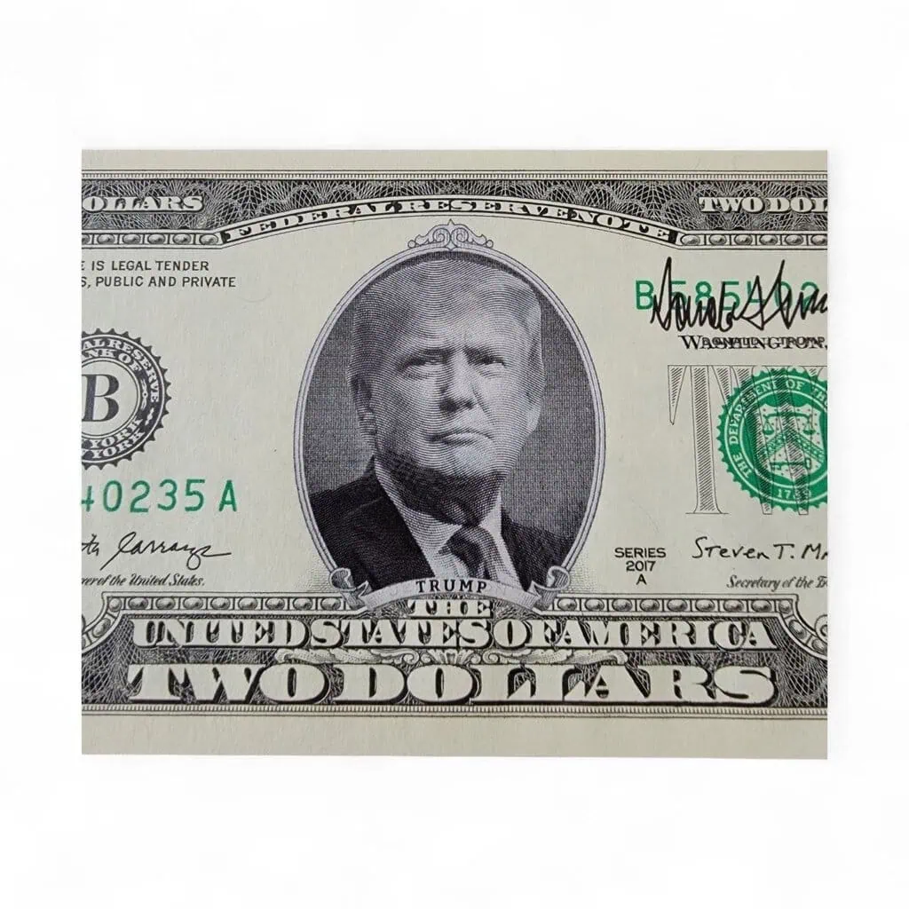 président trump authentique billet de $2 avec visuel du 45ème et 47ème président des etats unis d'amérique