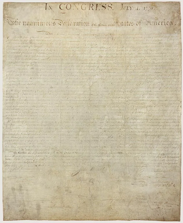Déclaration d’indépendance des États-Unis, adoptée par le Congrès continental le 4 juillet 1776. Document conservé par les National Archives.