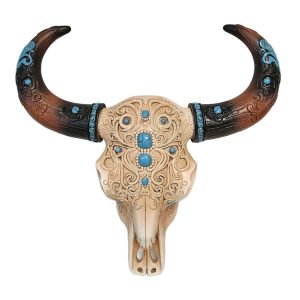 crâne southwest style ciselé avec turquoise insérée (repro en résine), 30cm