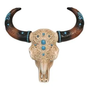 crâne southwest style ciselé avec turquoise insérée (repro en résine), 30cm