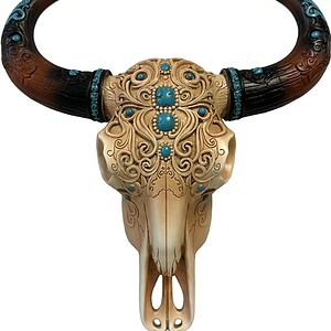 crâne southwest style ciselé avec couleur turquoise(repro en résine), 30cm