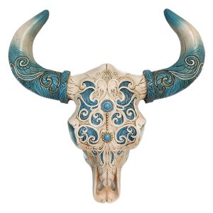 crâne southwest style ciselé avec couleur turquoise(repro en résine), 30cm