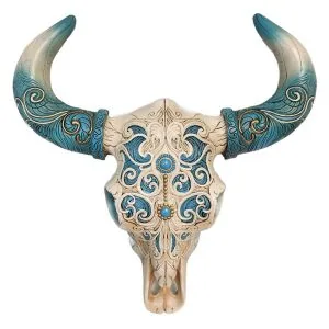 crâne southwest style ciselé avec couleur turquoise(repro en résine), 30cm