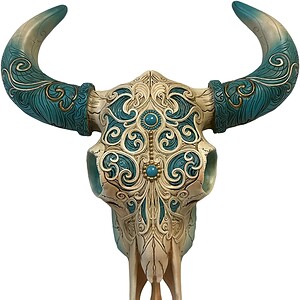 crâne southwest style ciselé avec couleur turquoise(repro en résine), 30cm