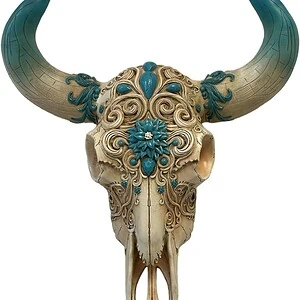 crâne de taureau southwest style avec cuir et perles (repro en résine), 30cm