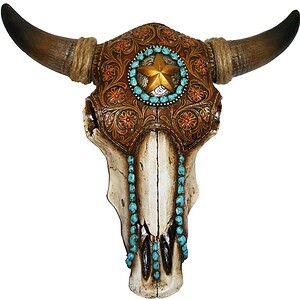 crâne de taureau southwest style avec cuir et perles (repro en résine), 30cm