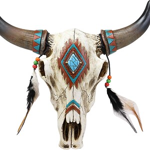 crâne de taureau southwest style avec cuir et perles (repro en résine), 30cm