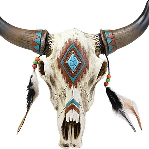 crâne de taureau southwest style avec cuir et perles (repro en résine), 30cm