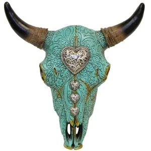 crâne southwest style turquoise et coeurs (repro en résine), 30cm