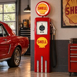 vintage shell pump in a classic garage