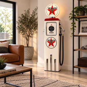 vintage texaco pump in cozy living room
